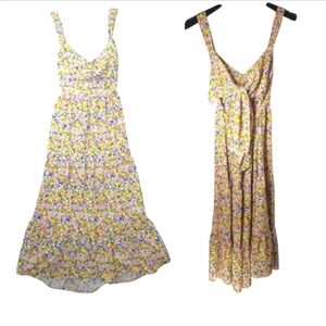 Lemon Floral Cottagecore Ruffle Midi Sundress Tie Front Medium